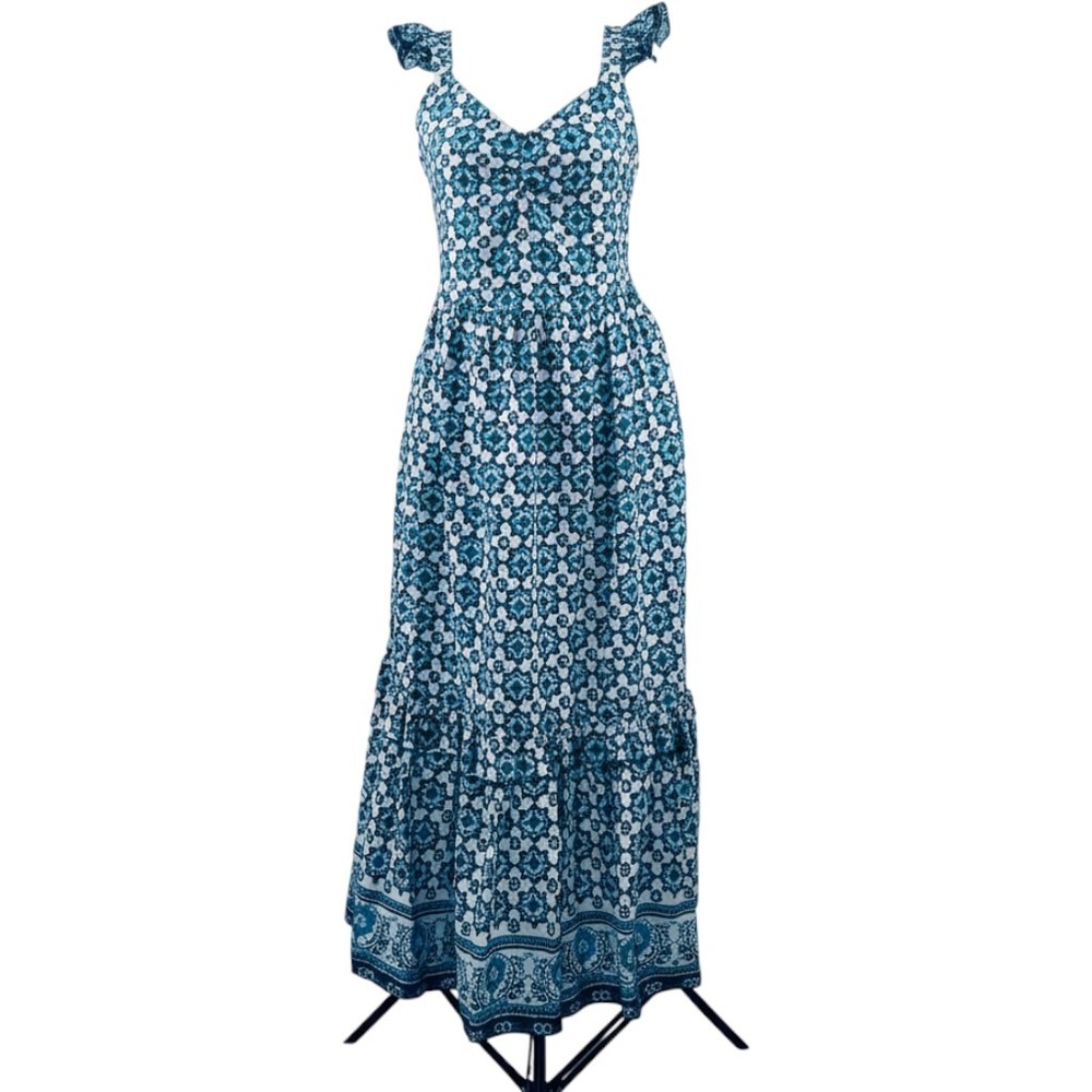 Lucky Brand Blue White Geometric Tile Print Cotton Maxi Dress Ruffle Pockets